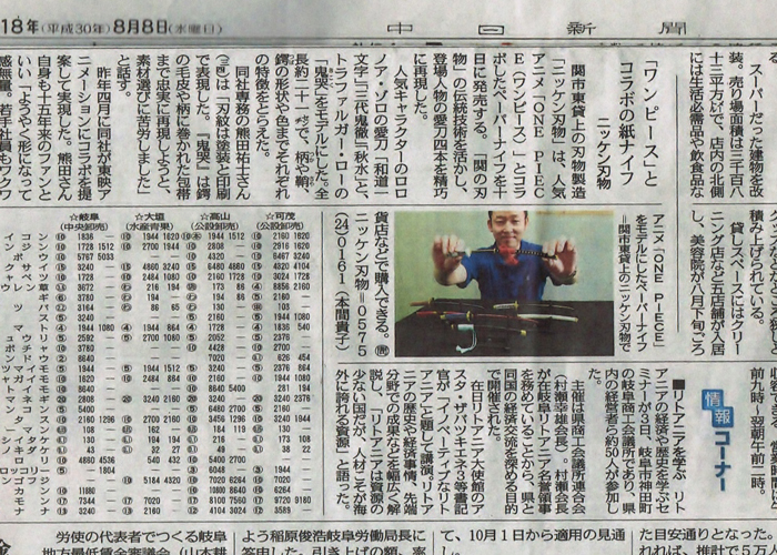 中日新聞（ぎふ経済）に「ワンピースペーパーナイフ」が掲載されました。